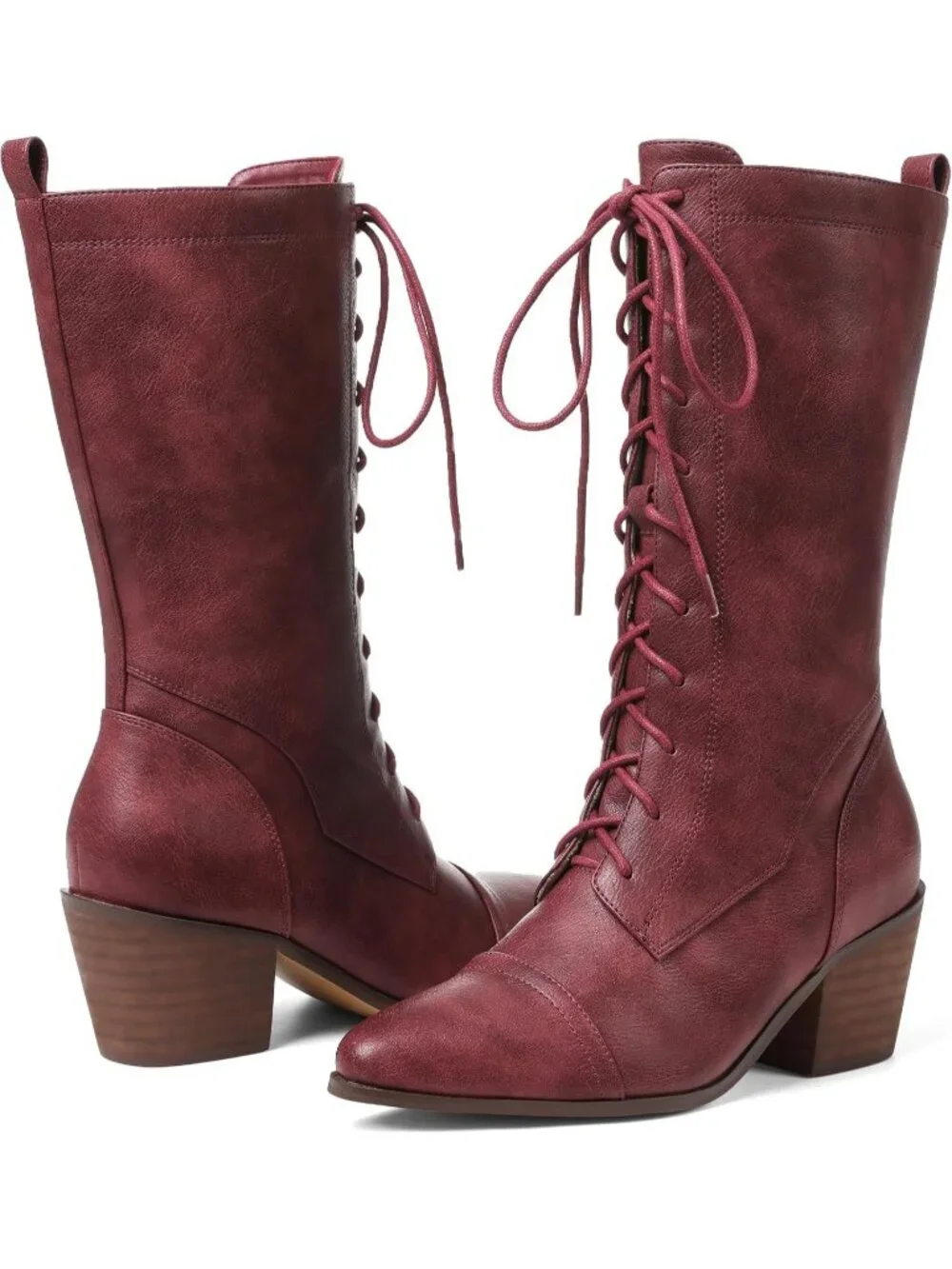 Women's Red Lace Up Chunky Heel Vintage Combat Heeled Dress Casual Boots